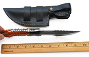 Damascus Hunting Knife with Hand-Carved Orange Wood Handle, Leather Sheath